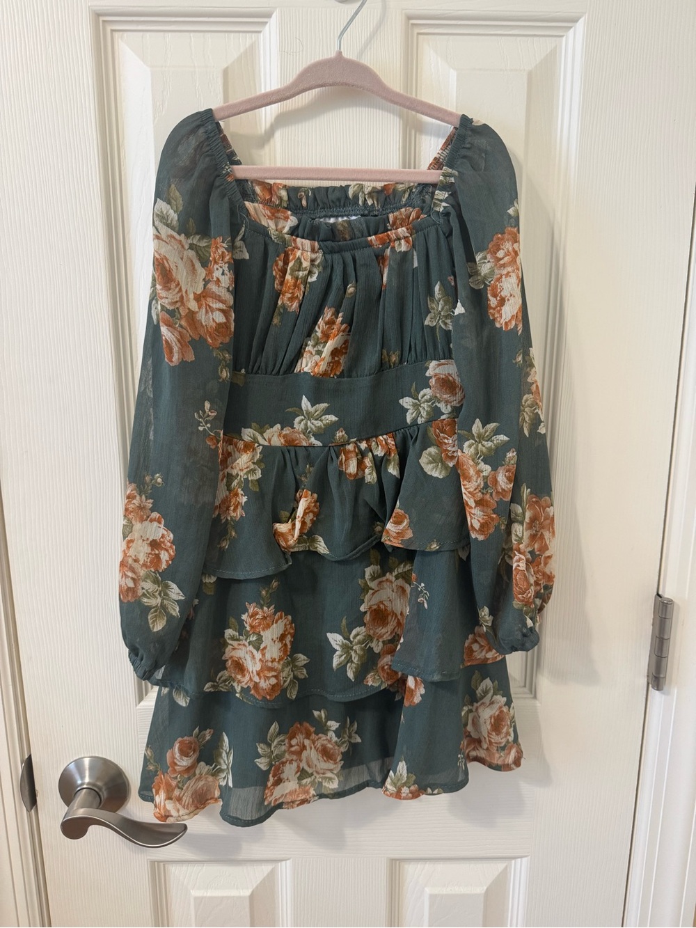 Rare Editions Green Floral Tiered Dress with Peach Roses